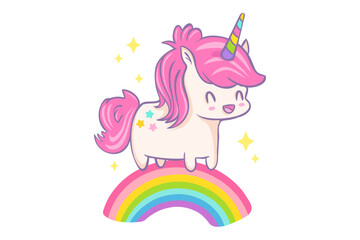 Vector greeting card with cute unicorn and rainbow in kawaii style. Vector illustration of a cute unicorn on rainbow