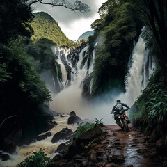 traveling motorcyclist passing through a waterfall on a bigtrail motorbike generated by AI