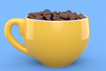 Ceramic coffee cup with coffee beans for americano, espresso, latte on blue