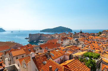 Fototapeta na wymiar Panorama Dubrovnik Old Town roofs. Tourist attraction. Europe, Croatia