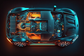Obraz premium Top view of the car. Futuristic car service, scanning and auto data analysis. Car auto service, Modern design, diagnostic auto