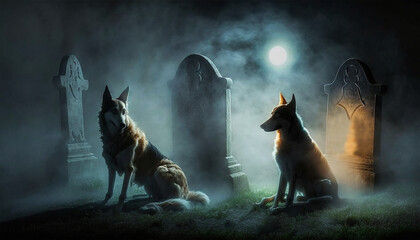 Full Moon Dogs Standing Guard in Graveyard by Tombstone Halloween