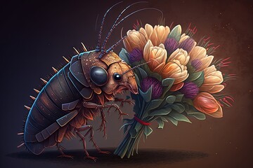  a bug that is holding a bunch of flowers in it's mouth and smelling it with its eyes open and tongue out, with a dark background.  generative ai