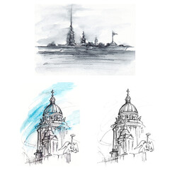 Set of cityscapes of russian city Saint-Petersburg. Hand drawn sketches by pencils. Elements for design card, poster, illustrations about tavelling, tourism.