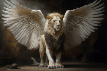 A golden lion with white wings