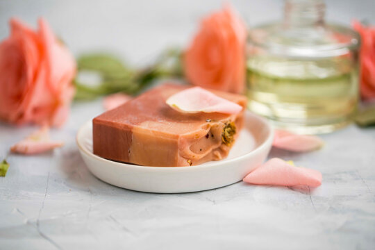 Natural rose soap, spa still life setting, organic natural body care and skincare