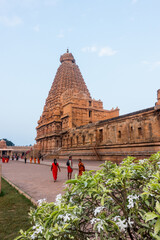 Brihadisvara temple East side view of Gopuram / Vimana with Pilgrims walking around