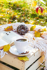 Cozy picnic with cup of coffee,latte,sweet sugar doughnut dessert with chocolate glaze,icing, book,hot beverages,warm plaid outdoor in park,apple garden at sunny summer autumn day