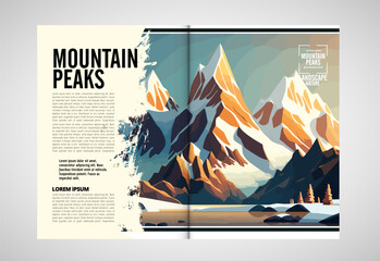 Brochure, ebook or presentation mockup ready for use, vector illustration with flat style background. Mountain background at cartoon style.  