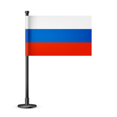 Realistic Russian table flag on a black steel pole. Souvenir from Russia. Desk flag made of paper or fabric and shiny metal stand. Mockup for promotion and advertising. Vector illustration