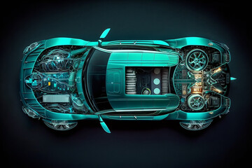 Obraz premium Top view of the car. Futuristic car service, scanning and auto data analysis. Car auto service, Modern design, diagnostic auto