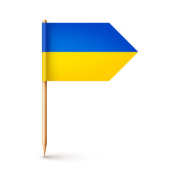 Realistic Ukrainian toothpick flag. Souvenir from Ukraine. Wooden toothpick with paper flag. Location mark, map pointer. Blank mockup for advertising and promotions. Vector illustration