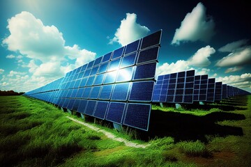 Field full of solar sun panel batteries. Ecology concept, eco sun energy. Alternative source of electricity. Solar farm.