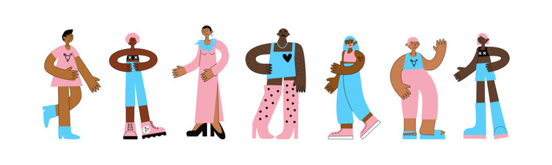Transgender day of visibility. Set of black trans mtf and ftm people with flag colors and lgbt symbols. Equality, diversity, inclusion, rights for african american community. Vector flat illustration.