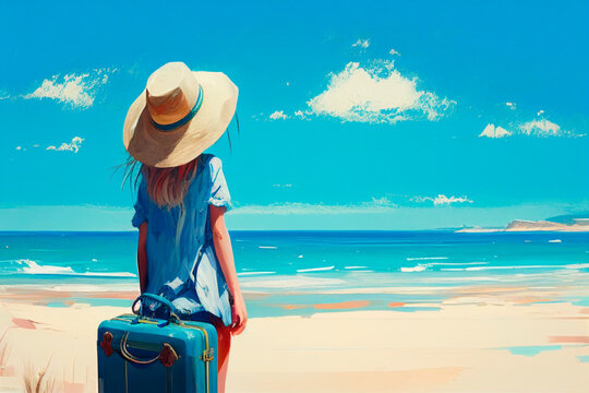 Young beautiful girl in hat on a sunny sand beach near the sea or ocean with suitcase, view from the back. Vacation, travel and tourism concept. 