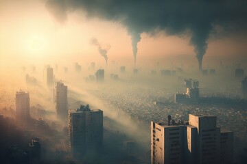  smoke billows from the stacks of buildings in a city as the sun rises over the cityscape in the distance, in the foreground is a smoggy, smoggy, smog.  generative ai