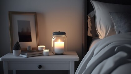 Fototapeta premium a lit candle on a night stand next to a bed with a white comforter and a framed picture of a pine cone on a night stand. generative ai