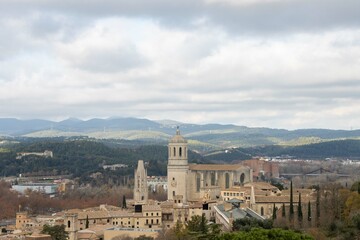 Aerial panoramic view of Girona Cathedral and theBasílica de Sant Feliu