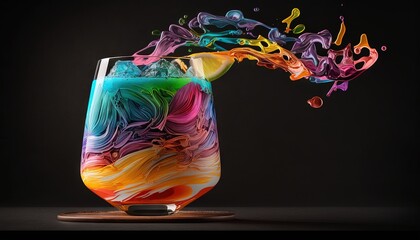  a colorful drink with a splash of liquid on the top of the glass and a wooden base on the bottom of the glass, on a black background.  generative ai