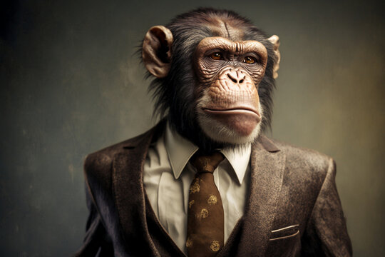 Portrait of a Monkey Dressed in a Formal Business Suit, The Elegant Boss Monkey, Generative Ai