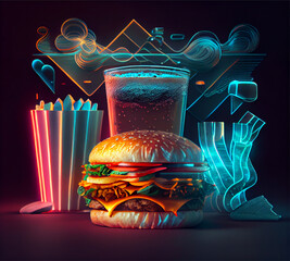 Fast Food illustration with Hamburgers, french fries and soft drinks.Generative AI