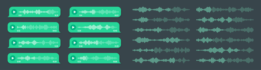 Obraz premium Voice, audio message, green speech bubble. SMS text frame. Social media chat or messaging app conversation. Voice assistant, recorder. Sound wave pattern. Dark mode. Vector illustration