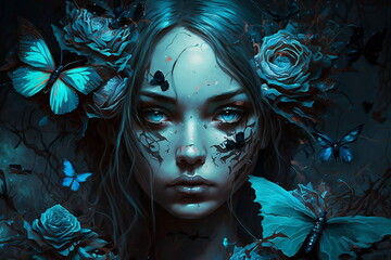 Dark girl wallpaper with blue eyes with black roses and butterflies