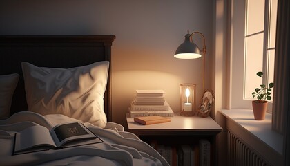  a bed room with a bed a lamp and a book on a night stand next to a window and a lamp on a nightstand with a book.  generative ai