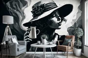 Woman with a hat in a relaxed position drinking coffee wallpaper, black and white