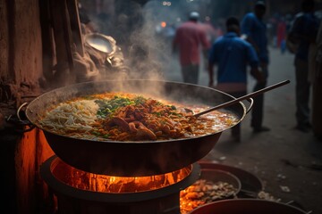  a wok full of food being cooked on a grill with people walking by in the background in a busy street at night, with a lot of people walking around.  generative ai
