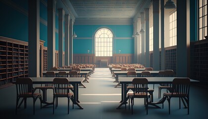  a room filled with tables and chairs next to a library filled with bookshelves and a large window with a light shining in it.  generative ai