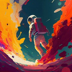 Astronaut in space, watercolor sketch style, vivid color scheme, front view, outlined, vibrant colors. Generative AI.