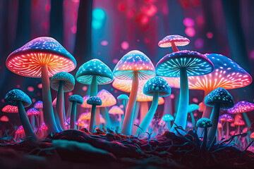 ai midjourney illustration of blue glowing lit mushrooms - obrazy, fototapety, plakaty