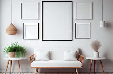 Wall mock up empity frame board in white simple interior with wooden furniture, Scandi-Boho style, . Generative AI.