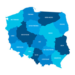 Poland political map of administrative divisions - voivodeships. Flat blue vector map with name labels.