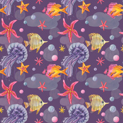 Watercolor seamless underwater pattern with fish, jellyfish, starfish, seaweed on the purple background. © Diana