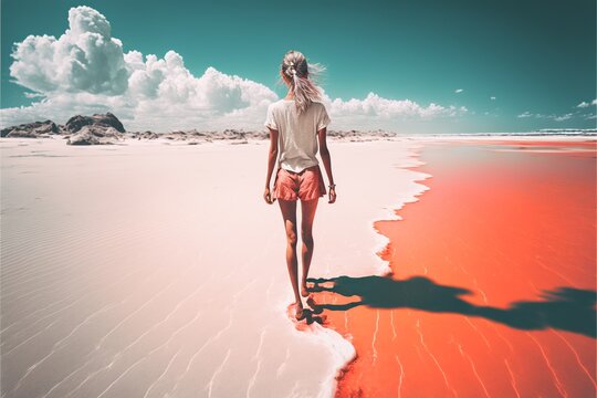 oil painting illustration of a girl with her back turned walking on a beach