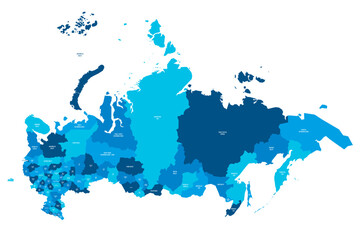 Russia political map of administrative divisions - oblasts, republics, autonomous okrugs, krais, autonomous oblast and 2 federal cities of Moscow and Saint Petersburg. Flat blue vector map with name
