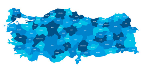 Turkey political map of administrative divisions - provinces. Flat blue vector map with name labels.