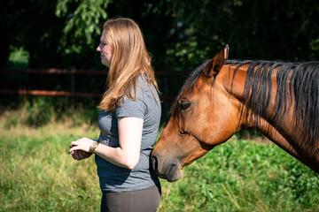 Zwei die sich mögen, Reiterin wird am Rücken von ihrem Pferd angestubst auf einer Pferdekoppel.