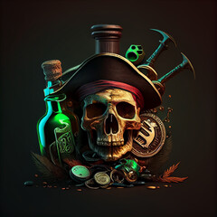 Fototapeta premium skull pirate coins bottle of rum brass knuckles