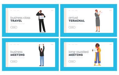 Meeting Services in Airport Landing Page Template Set. Male Female Characters Holding Welcome Banners Waiting Friend