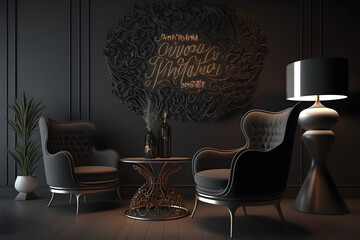 Modern interior living room with black background calligraphy art wallpaper with armchair