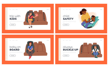 Children Sit in Car Seat Landing Page Template Set. Happy Boy And Girl Sit In Vehicle Chair during Travel With Family