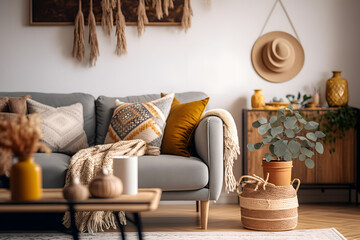 A Stylish Boho Living Room Interior with a Gray Sofa, Wooden Coffee Table, Commode, and Elegant Accents. Featuring Honey Yellow Pillows and a Plaid, Creating a Cozy Apartment Atmosphere in Home Decor.