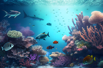Naklejka na ściany i meble Underwater Scene With Coral Reef And Exotic Fishes