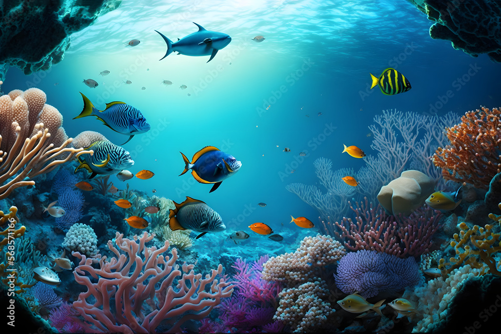Wall mural Shoal group of many red yellow tropical fishes in blue water with coral reef, colorful underwater world, copyspace for text, background wallpaper - Wall murals