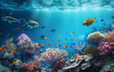 Naklejka na ściany i meble Colorful tropical fish coral scene background, Life in the coral reef underwater, sunlight, clear water ocean, travel concept