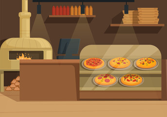 pizzeria building interior with pizzas and oven, vector illustration