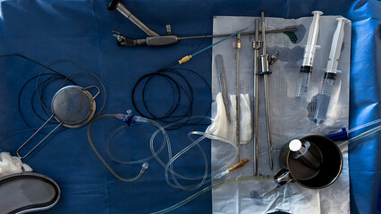 Close-up view of a table with medical equipment in an operating room hospital